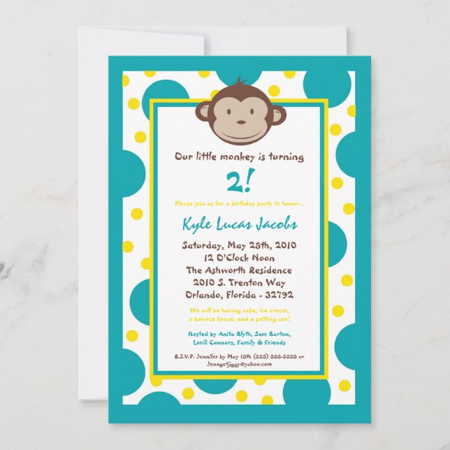 5x7 Modern Mod Monkey Birthday Party Invitation (Front)