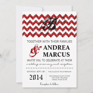 5x7 Modern Red Glitter Chevron Wedding Invitation