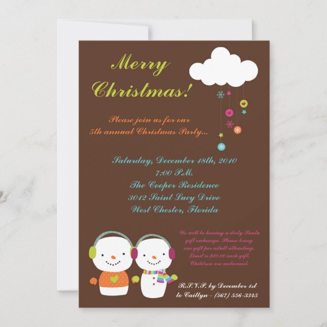 5x7 Modern Snowman Flak Christmas Party Invitation (Front)
