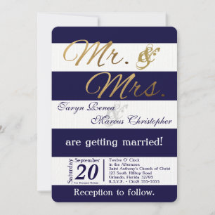 5x7 Modern Stripe Navy Bl White Wedding Invitation