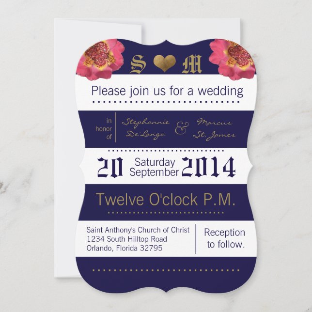 5x7 Modern Stripe Navy Floral Wedding Invitation (Front)