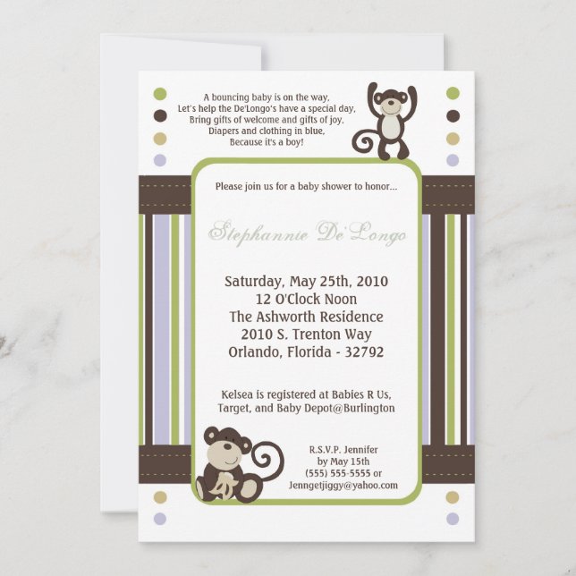 5x7 Monkey Time Zoo Animal Baby Shower Invitation (Front)