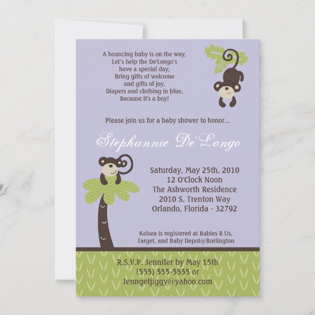 5x7 Monkey Time Zoo Animal Baby Shower Invitation (Front)