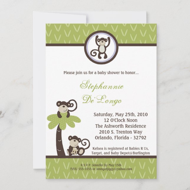 5x7 Monkey Time Zoo Animal Baby Shower Invitation (Front)