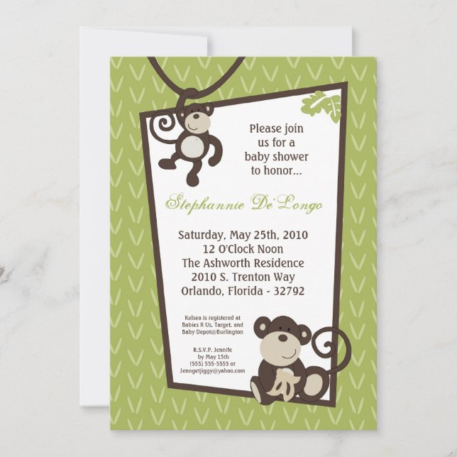 5x7 Monkey Time Zoo Animal Baby Shower Invitation (Front)