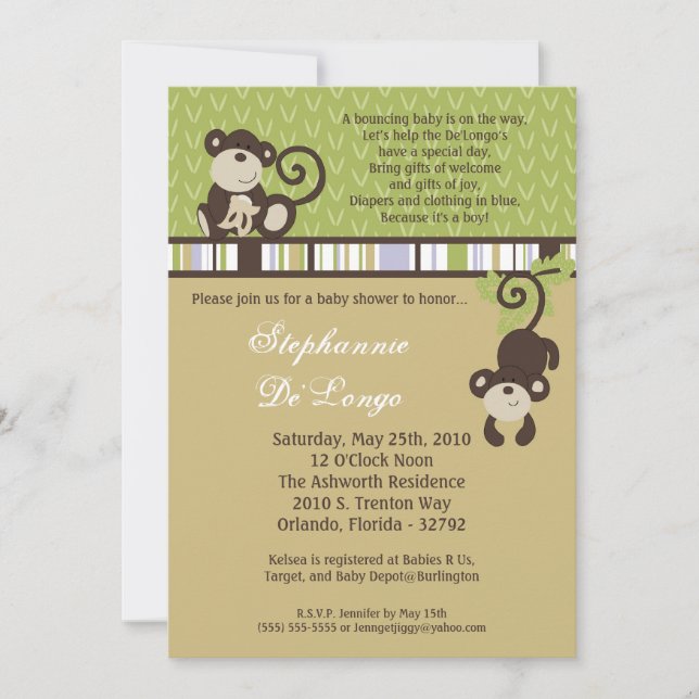 5x7 Monkey Time Zoo Animal Baby Shower Invitation (Front)