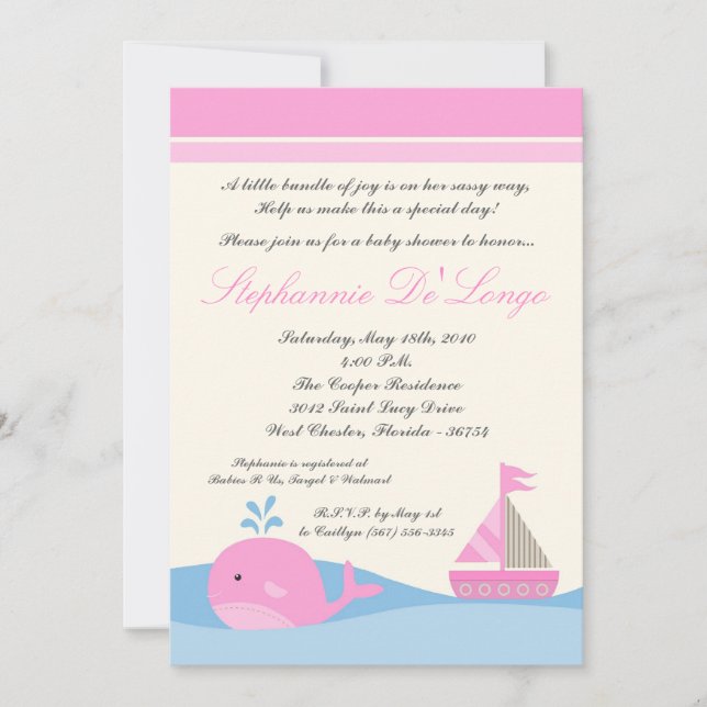 5x7 Naut Sail Boat Whale Baby Shower Invitation (Front)