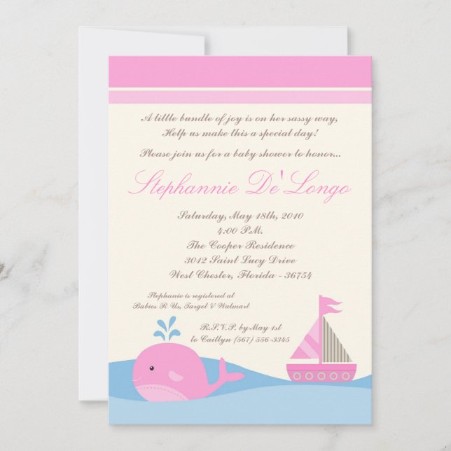 5x7 Naut Sail Boat Whale Baby Shower Invitation (Front)