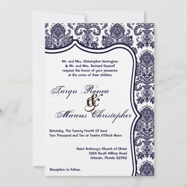 5x7 Navy Blue Damask Lace Wedding Invitation (Front)