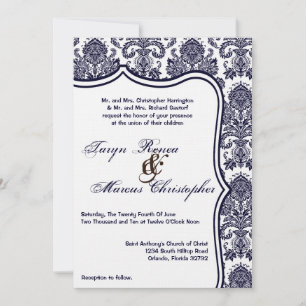 5x7 Navy Blue Damask Lace Wedding Invitation