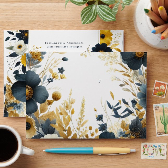 5X7 Navy Yellow Gold Floral Wedding  Envelope (Desk)
