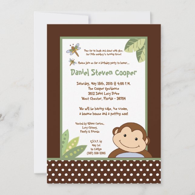 5x7 Neutral Papgayo Monkey Birthday Invitation (Front)