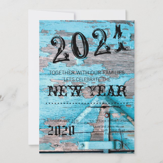 5x7  New Years Eve Invitation Blue Wood Barn Door (Front)
