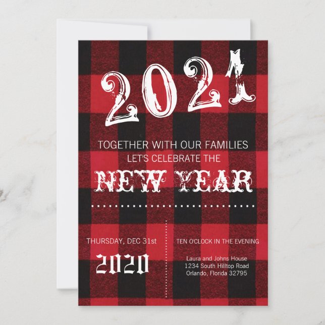 5x7  New Years Eve Invitation Red Buffalo Plaid (Front)