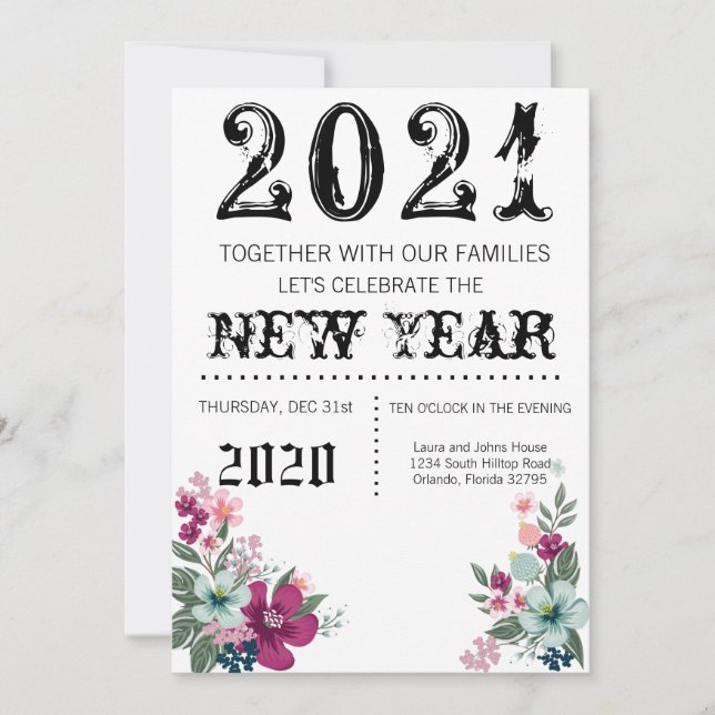 5x7  New Years Eve Invitation Tropical Flowers on (Front)