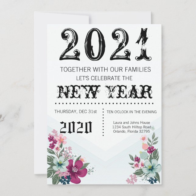 5x7  New Years Eve Invitation Tropical Flowers on (Front)