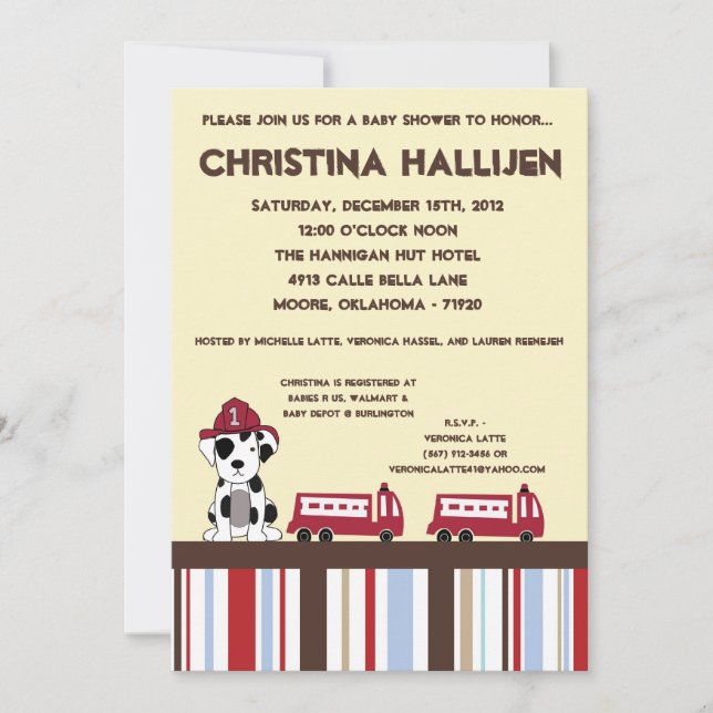 5x7 Nojo Fire Engine Baby Shower Invitation (Front)