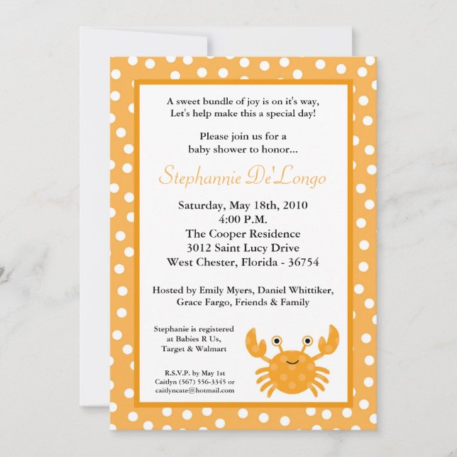 5x7 Ocean Sea Life Crab Baby Shower Invitation (Front)
