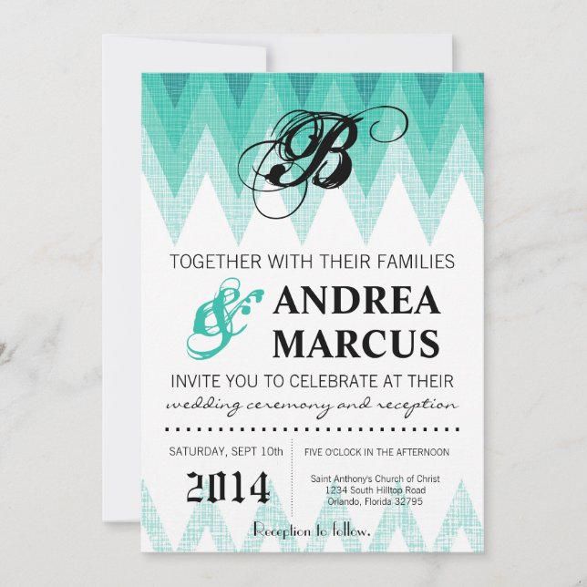 5x7 Ombre Chevron Teal Wedding Invitation (Front)