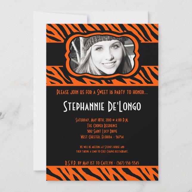 5x7 Orang Zebra PHOTO Sweet 16 Birthday Invitation (Front)