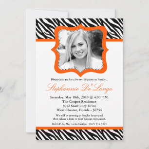 5x7 Orang Zebra PHOTO Sweet 16 Birthday Invitation