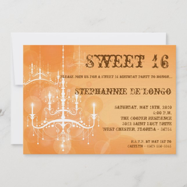 5x7 Orange Chandelier Sweet 16 Birthday Invitation (Front)