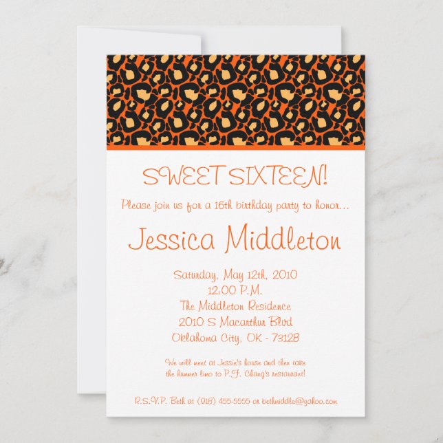 5x7 Orange Cheetah 16th Birthday Invitation (Front)