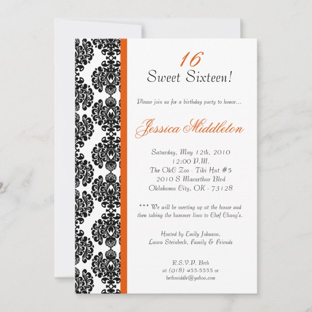 5x7 Orange Damask Lace Birthday Party Invitation (Front)