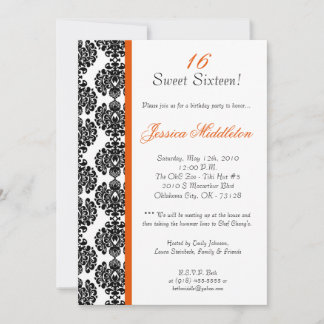 5x7 Orange Damask Lace Birthday Party Invitation