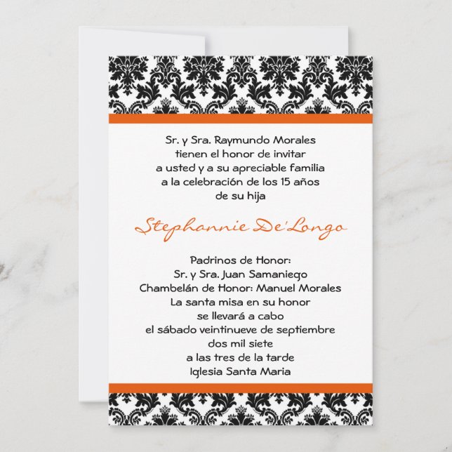 5x7 Orange Damask Quinceanera Invitation (Front)