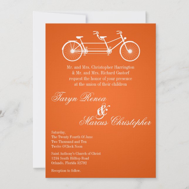 5x7 Orange Double Bike Wedding Invitation (Front)