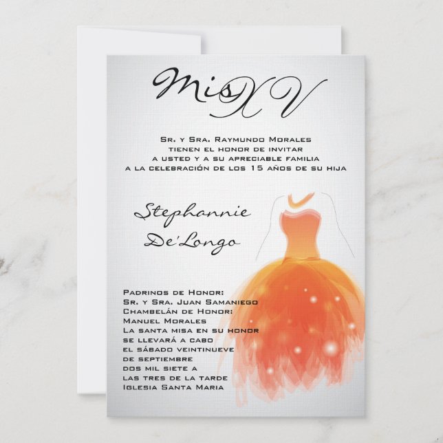 5x7 Orange Dress Quinceanera Birthday Invitation (Front)