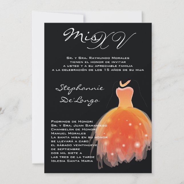 5x7 Orange Dress Quinceanera Birthday Invitation (Front)