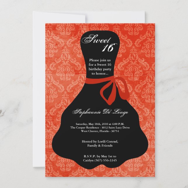 5x7 Orange Dress Sweet 16 Birthday Invitation (Front)