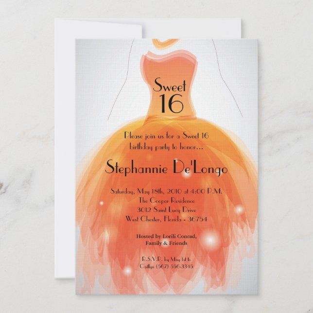 5x7 Orange Dress Sweet 16 Birthday Invitation (Front)
