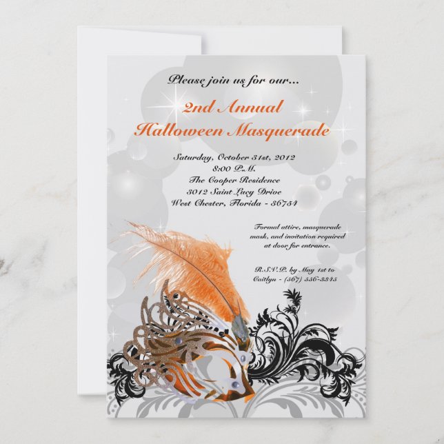 5x7 Orange Masquerade Halloween Costume Invitation (Front)