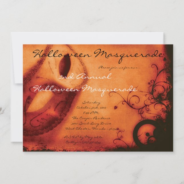 5x7 Orange Masquerade Halloween Costume Invitation (Front)