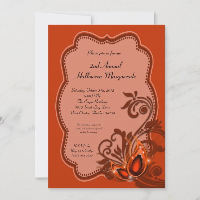 5x7 Orange Masquerade Halloween Costume Invitation (Front)