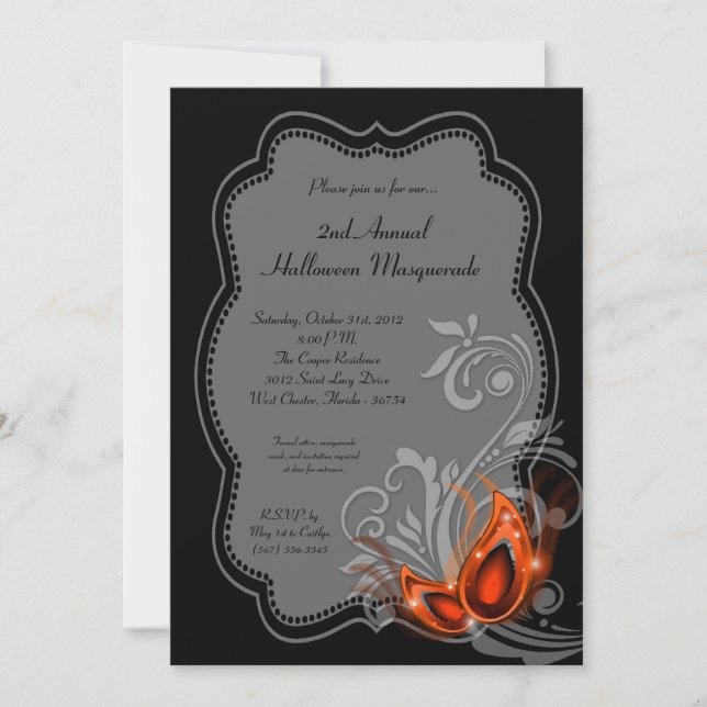 5x7 Orange Masquerade Halloween Costume Invitation (Front)