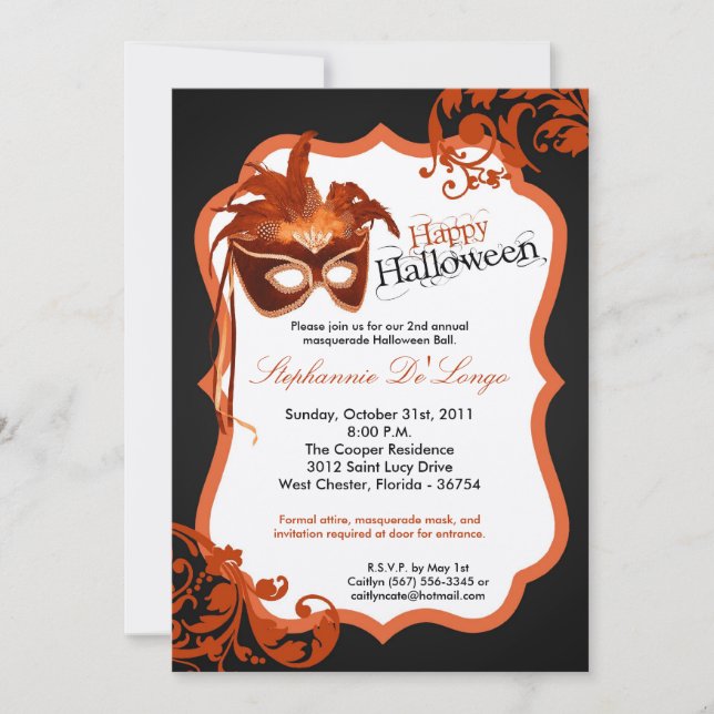 5x7 Orange Masquerade Mask Halloween Invitation (Front)