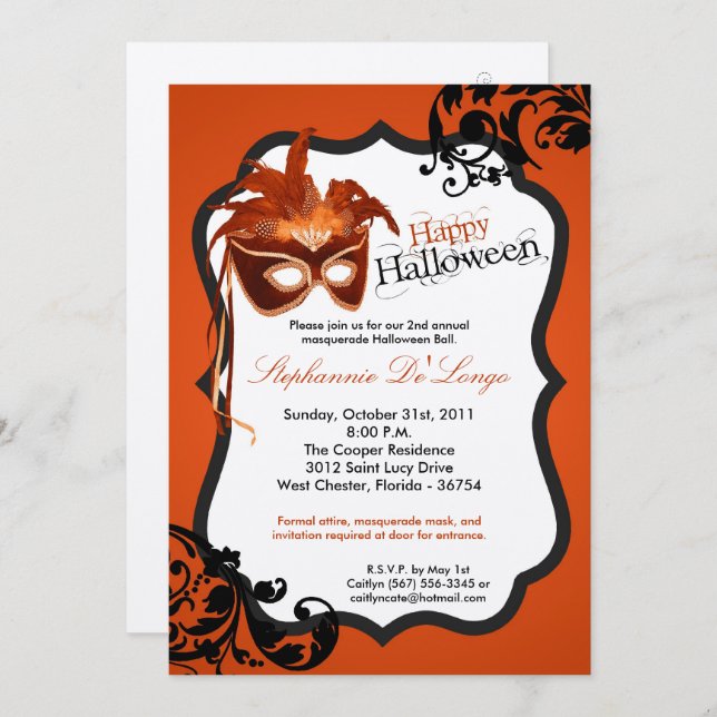 5x7 Orange Masquerade Mask Halloween Invitation (Front/Back)