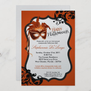 5x7 Orange Masquerade Mask Halloween Invitation