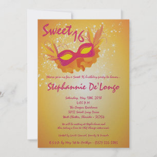 5x7 Orange Masquerade Sweet 16 Birthday Invitation