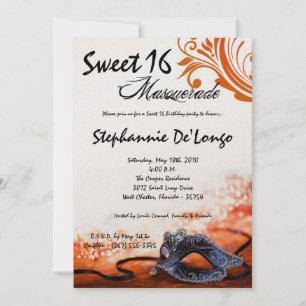 5x7 Orange Masquerade Sweet 16 Birthday Invitation
