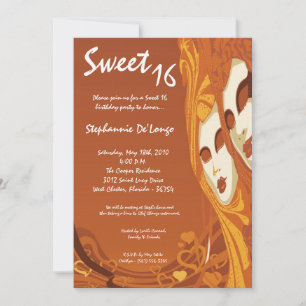 5x7 Orange Masquerade Sweet 16 Birthday Invitation