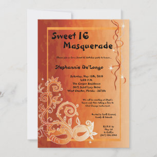 5x7 Orange Masquerade Sweet 16 Birthday Invitation