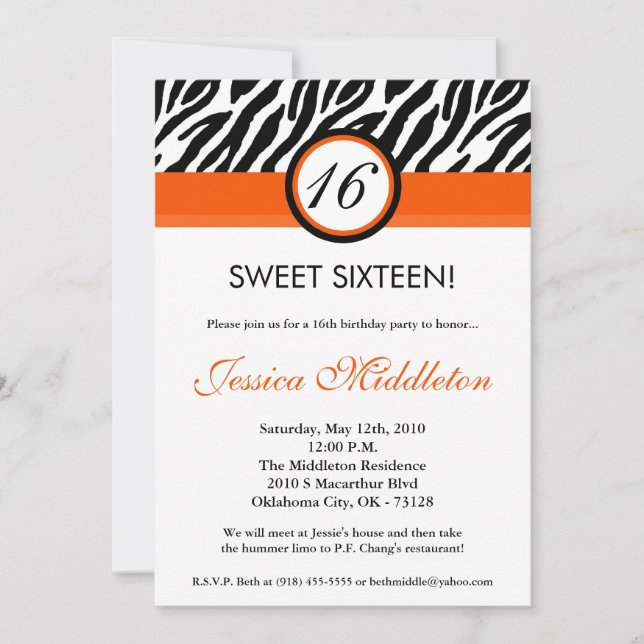 5x7 Orange Zebra Print 16th Birthday Invitation (Front)