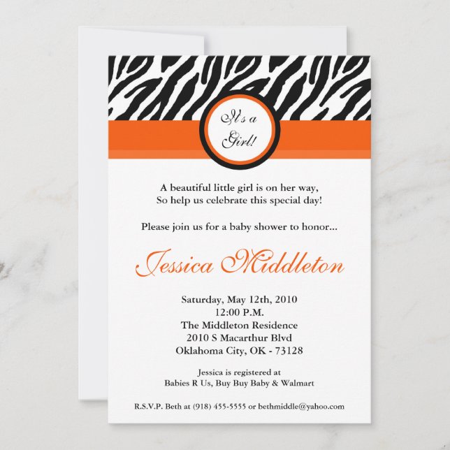 5x7 Orange Zebra Print Baby Shower Invitation (Front)