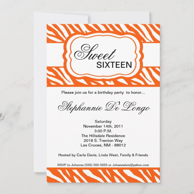 5x7 Orange Zebra Print Birthday Party Invitation (Front)