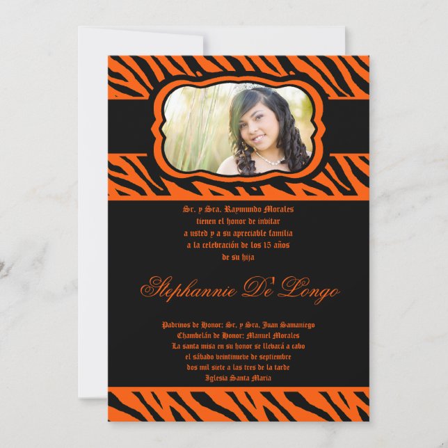 5x7 Orange Zebra Print Quinceanera Invitation (Front)